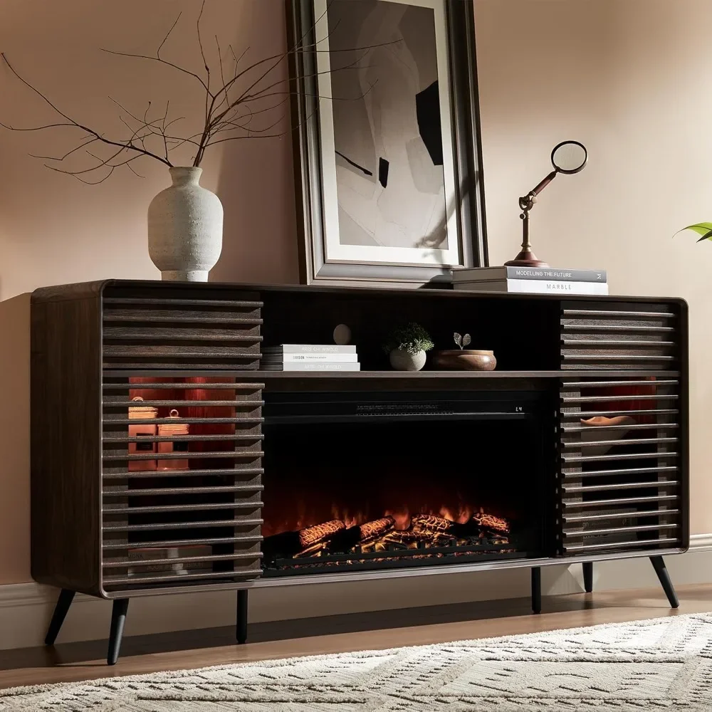 

Fireplace TV Stand for 80 Inch TV, Mid Century Modern Entertainment Center with 36" Electric Fireplace & Led Lights, Wo