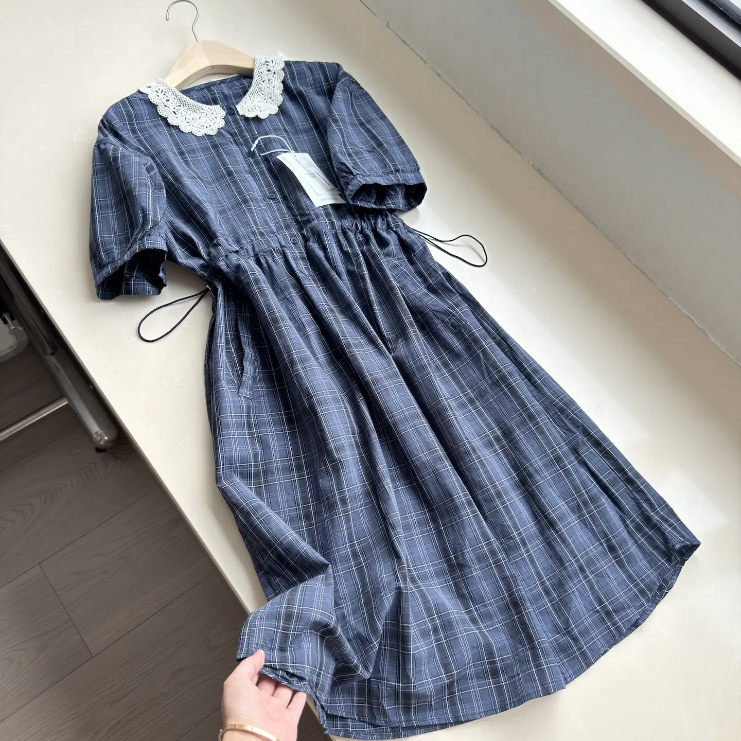 Navy Blue Plaid Short Sleeve Women's Dress Summer Harajuku Style Lace Collar Drawstring Mid Length Loose Casual Dress