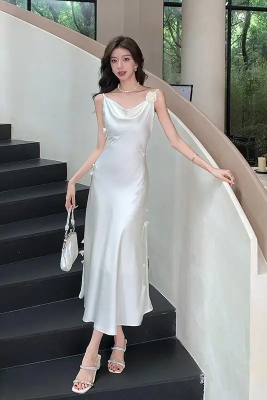 새틴 입체 꽃 스트랩 원피스 여성, 여름 엉덩이 포장, 인어 원피스 패션, 스위트 핫 걸