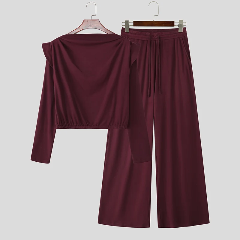 

INCERUN Men Sets Solid Color Loose Long Sleeve Pleated Shirt & Pants Two Pieces Sets Streetwear Fashion Men's Casual Suits S-5XL