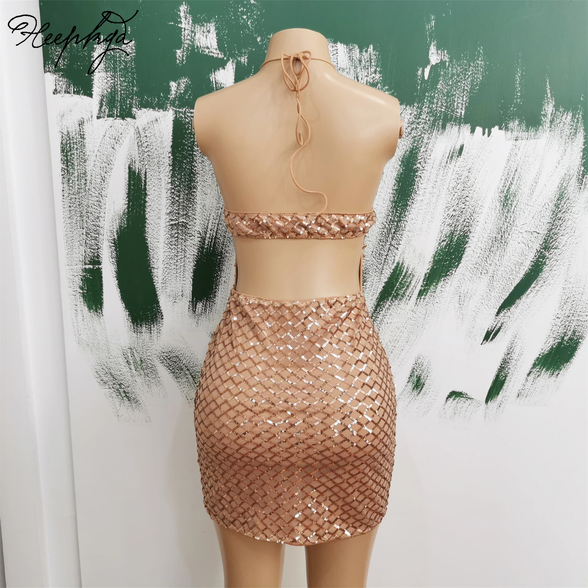 Vestidos de fiesta cortos con lentejuelas doradas para mujer, vestidos de cóctel elásticos con escote Halter y espalda descubierta, venta al por mayor, 2024