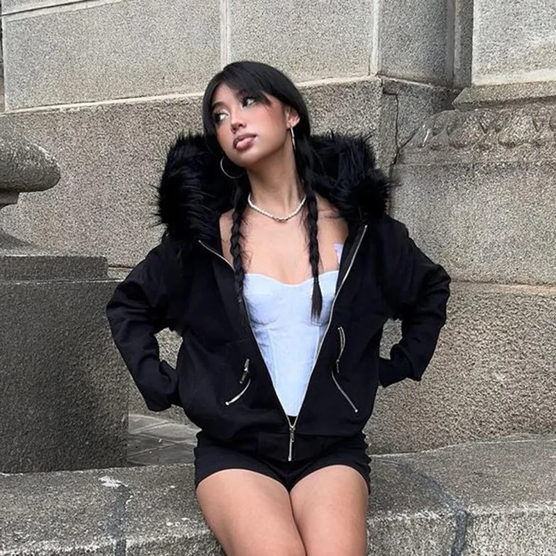 جديد أسود زيبر سبليت مطبوعة أفخم هوديي شارع العليا القوطية نمط موضة الاتجاه Harajuku ريترو فضفاض الخريف/الشتاء معطف دافئ #5