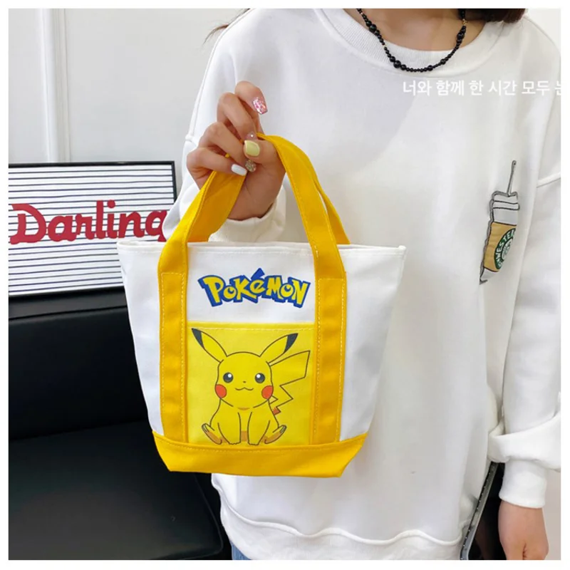 Pokemon Pikachu Handbag Cartoon Large Capacity Bento Lunch Bags Portable Canvas Tote Shopping Pouch Student Camping Picnic Bags