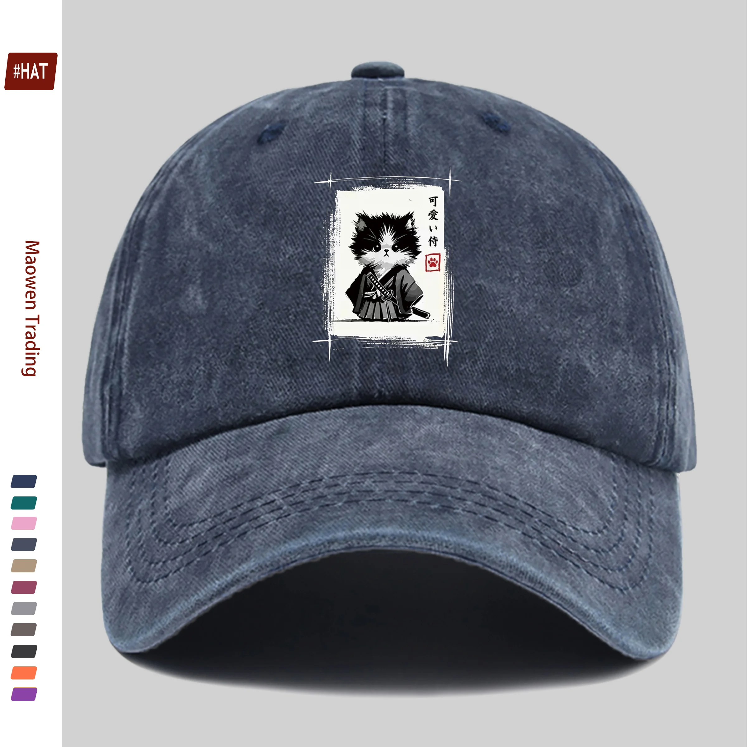 1pc Samurai Cat Japanese Art Ink Wash Painting Novelty Cute Funny Cat Print Baseball Cap with Adorable Cat Pattern Design Sun Ha