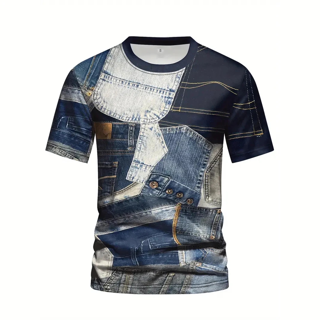 Denim Pattern Men's T Shirt Summrt Short Sleeve O-Neck Pullover Fashion Street Sportwear Oversized Casual Male Clothing Camisa