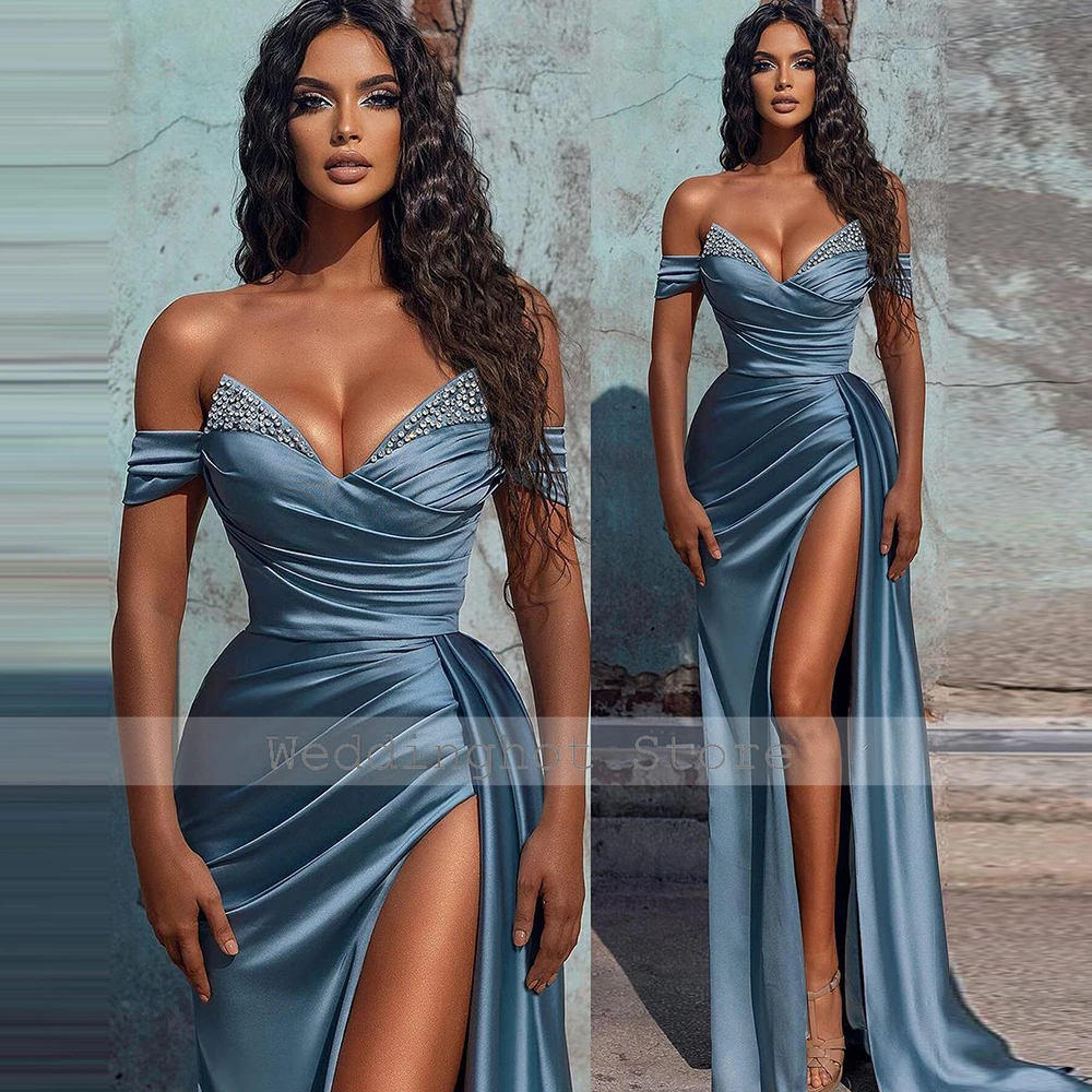 Sexy Evening Gowns Sky Blue Satin Beaded Rhinestone Draped Mermaid Prom Dress Long V Neck High Split Evening Dresses for Women