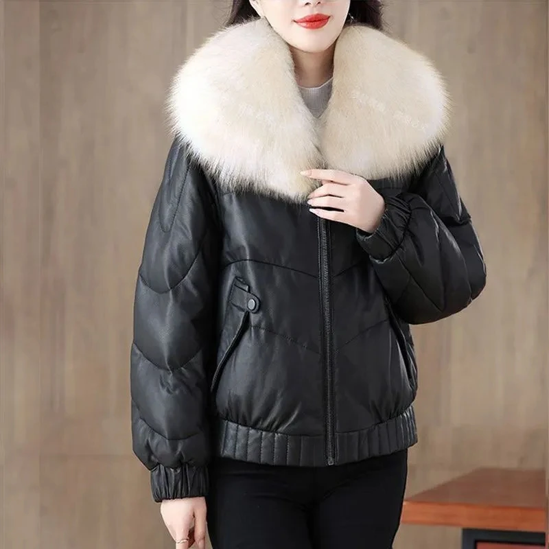 

Short Down Cotton Jacket Women's Fall/Winter 2025 Thicken Imitation Fox Fur Collar Leather Cotton Jackets Female Motorcycle Coat