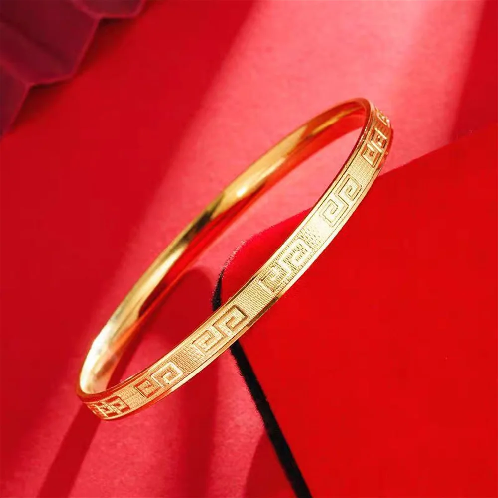 OUYADI Ladies 14K Gold Plated Stainless Steel Retro Maze Pattern Closed Bracelet, 56/58/60/62mm Size Bangle Jewelry Gift