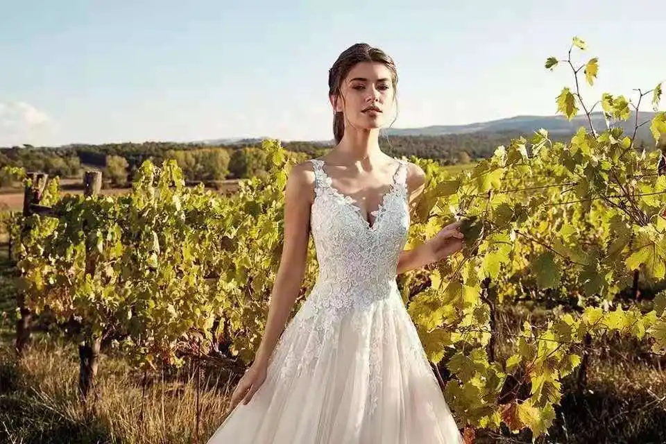 Classic V-Neck Wedding Dresses Champagne A-line Appliques Floor Length Vestidos De Noiva 2022 Bridal Dresses Cheap