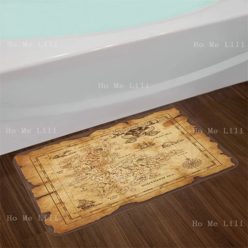 Retro Island Super Detailed Treasure Map Grungy Rustic Pirates Gold Secret Sea History Theme Flannel Floor Rugs Old And Shabby