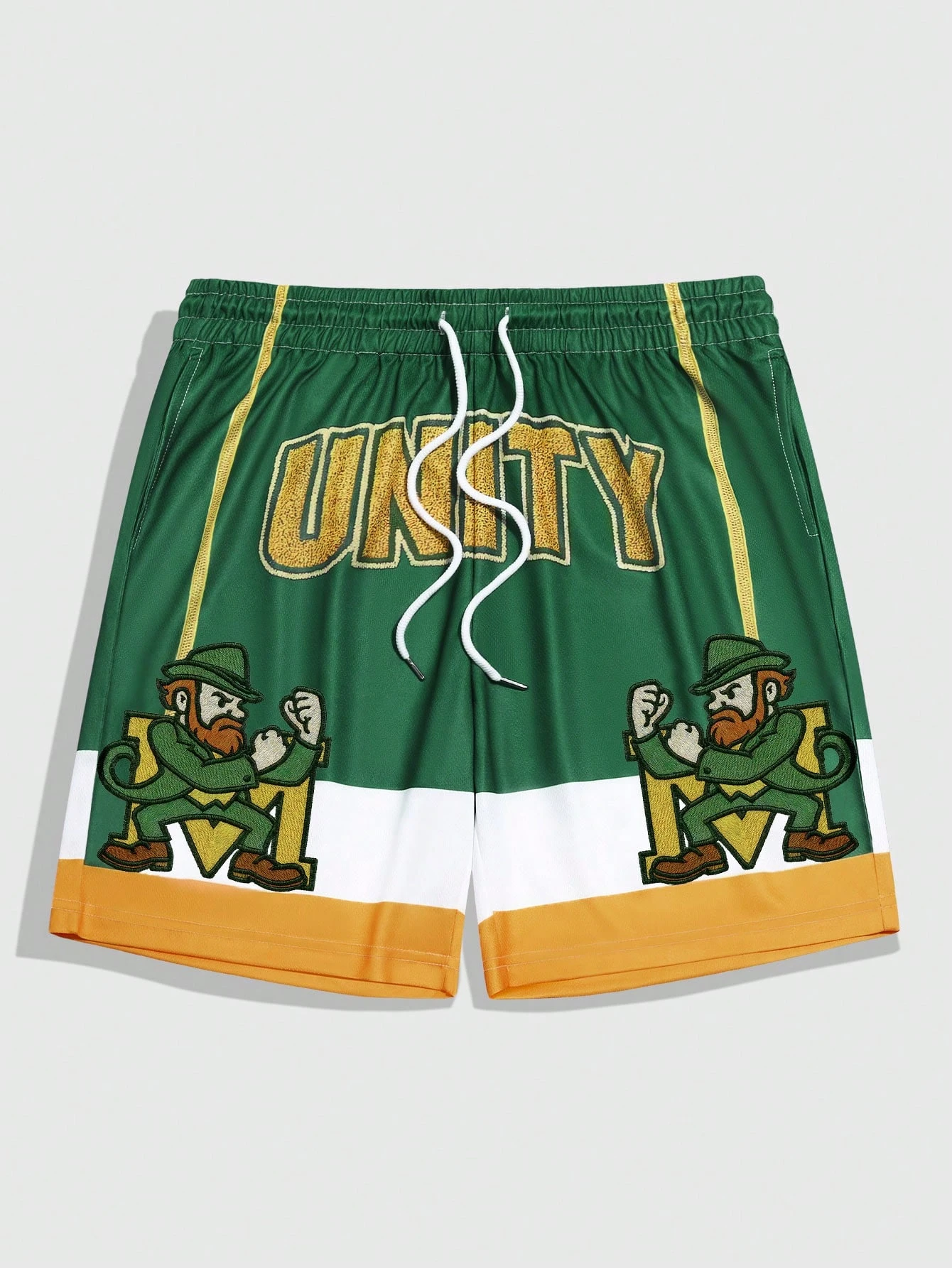 

Green White Orange Leprechaun Mascot Basketball Shorts Men's Breathable Streetwear Unity Themed Casual Sports Bottoms