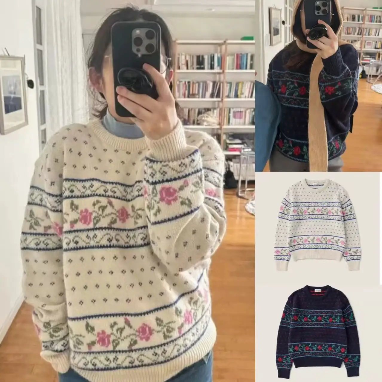 

Retro round Ne Pullover Rose Embroidery Knitted Sweater Winter New Arrival Dongda Gate Sienne Women's Warm Comfortable Knit...