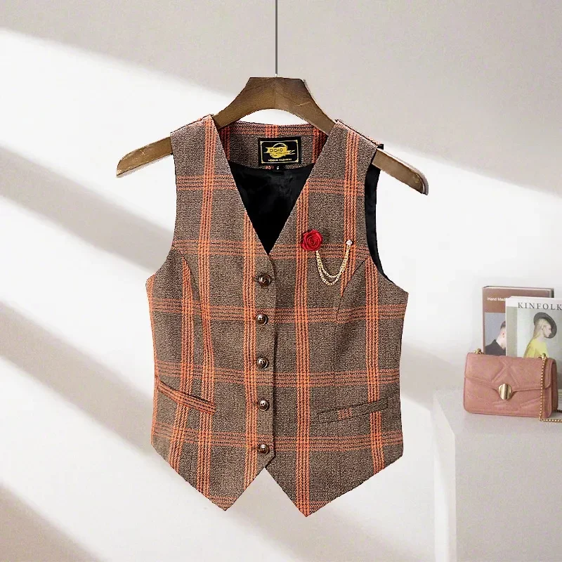 2024 Spring Autumn New Korean Women\'s Blue Grid Blazer Vest Coats High End Casual Waistcoat Female Sleeveless Short Jacket