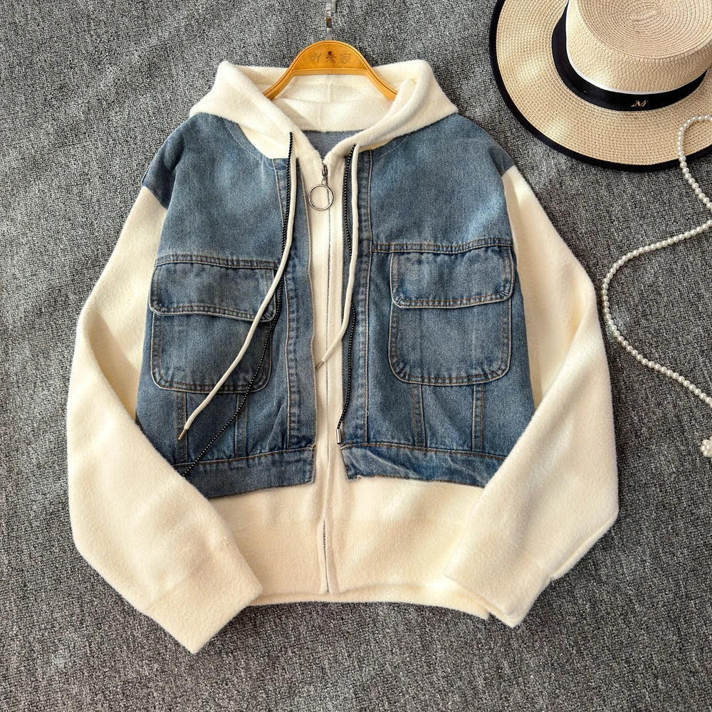 Vintage Denim Patchwork Hooded Sweatshirt For Women Winter and Autumn New Niche Loose Slimming Short Jacket