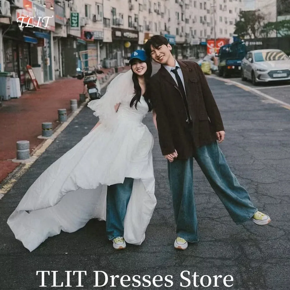 

TLIT Simple Satin Wedding Dresses Photo Shoot Strapless Front Long Back Short Bridal Gowns Customized Corset Back Dresses