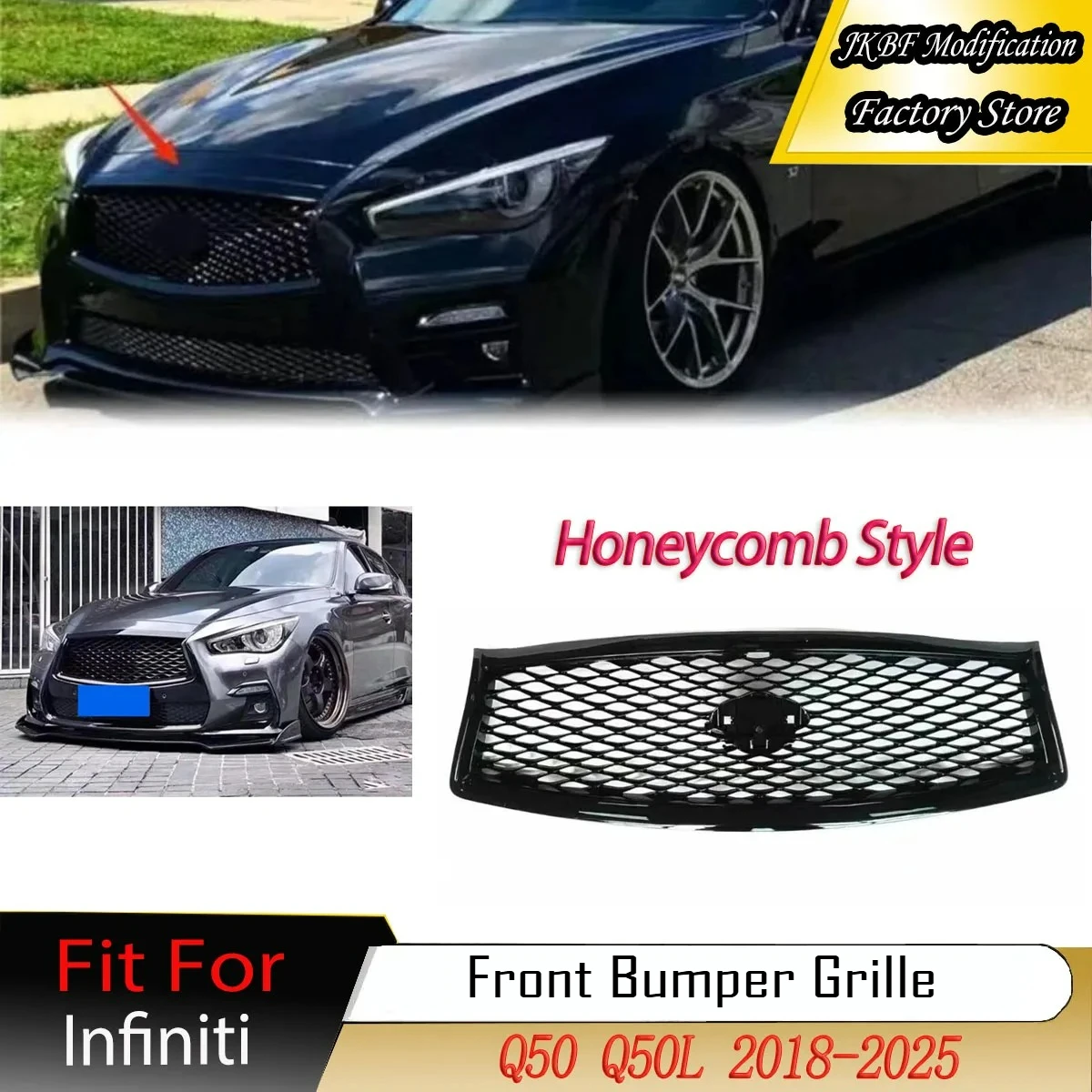 

Сотовый стиль для Infiniti Q50 2018 2019 2020 2021 2022 2023 2024 2025 Решетка переднего бампера Racing Капот Сетчатые решетки Комплект кузова