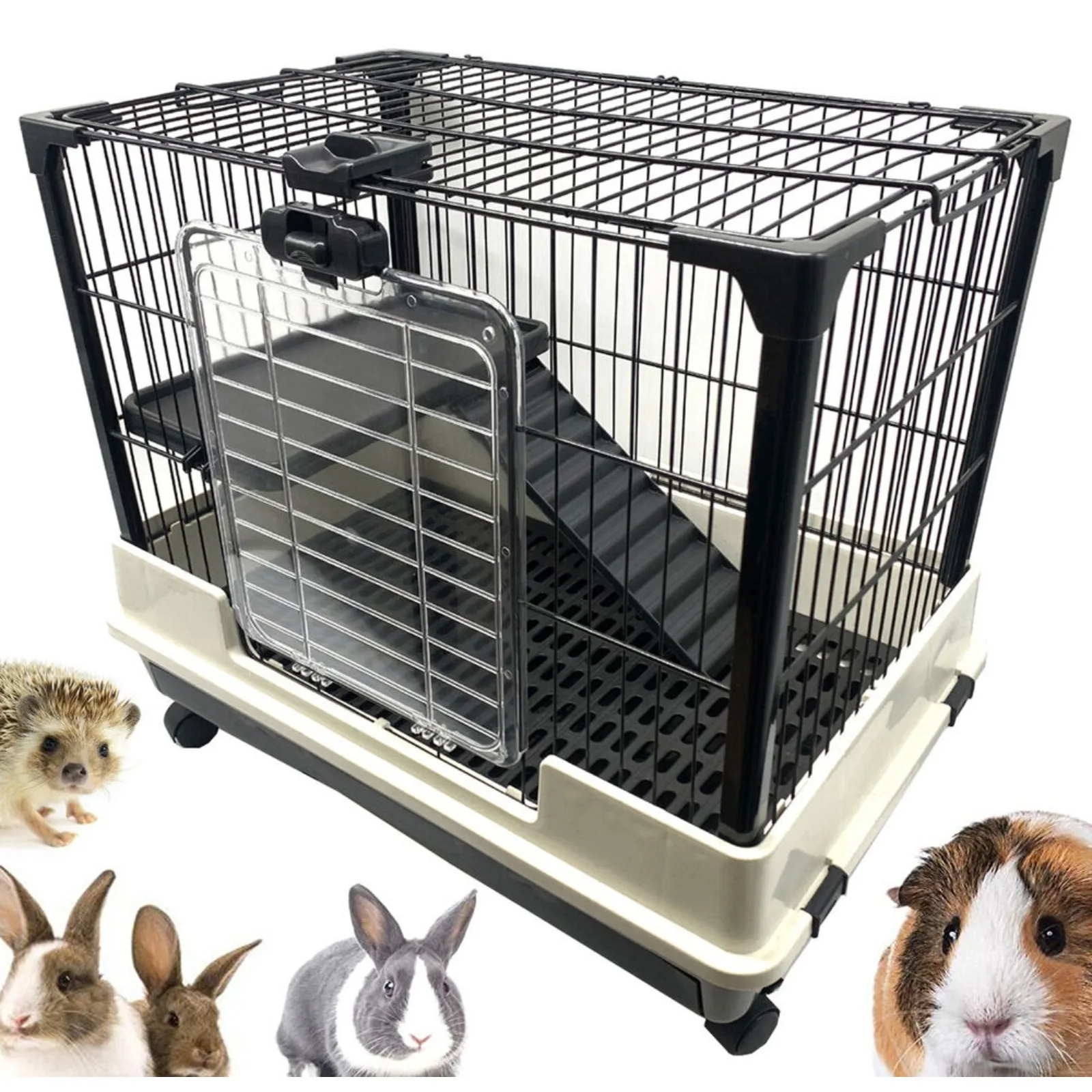 US 2-Tiers Guinea Pig Rabbit Bunny Ferret Kitten Rolling Cage With Pull Out Tray