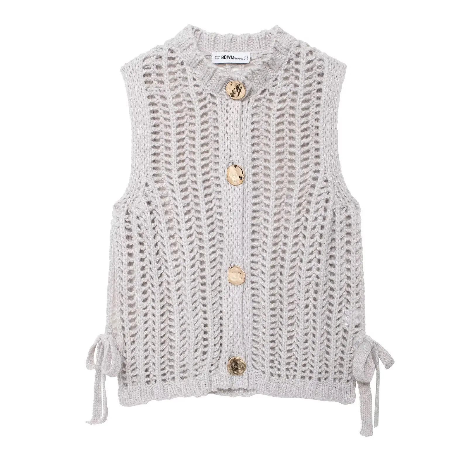 

Topenomi Fashion Hollow Out Tied Knitted Vest Women Autumn Winter O-Neck Single Breasted Sleeveless Sweater Cardigan Vintage Top
