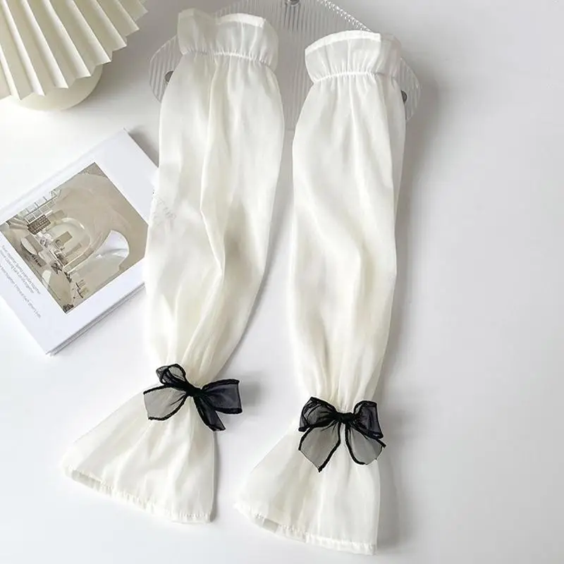 Nuevas Mangas Elegantes de Hilo Perlado con Lazo para Protección Solar, Estilo Verano para Mujer, Mangas de Seda Helada con Vuelo