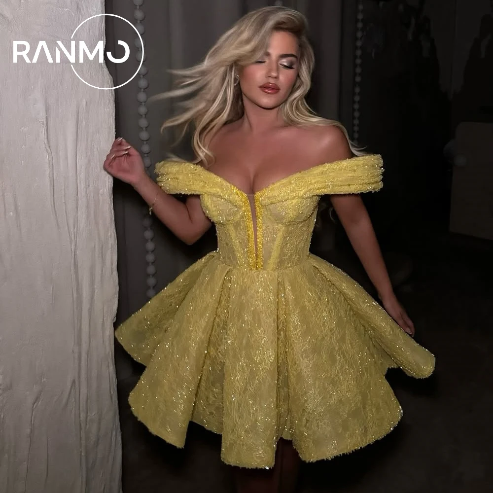 Ranmo Customized Off Shoulder Yellow A-line Pleat Short Cocktail Dress Shiny Beading Lace 2026 Prom Gown robes de soirée Corest