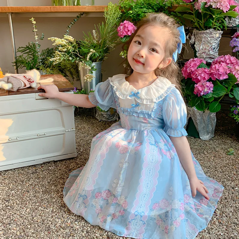 

Girls Skirt 2025 Summer New Childrens Clothing Girls Baby Broken Flower Doll Collar Princess Skirt Leisure Sweet Temperament