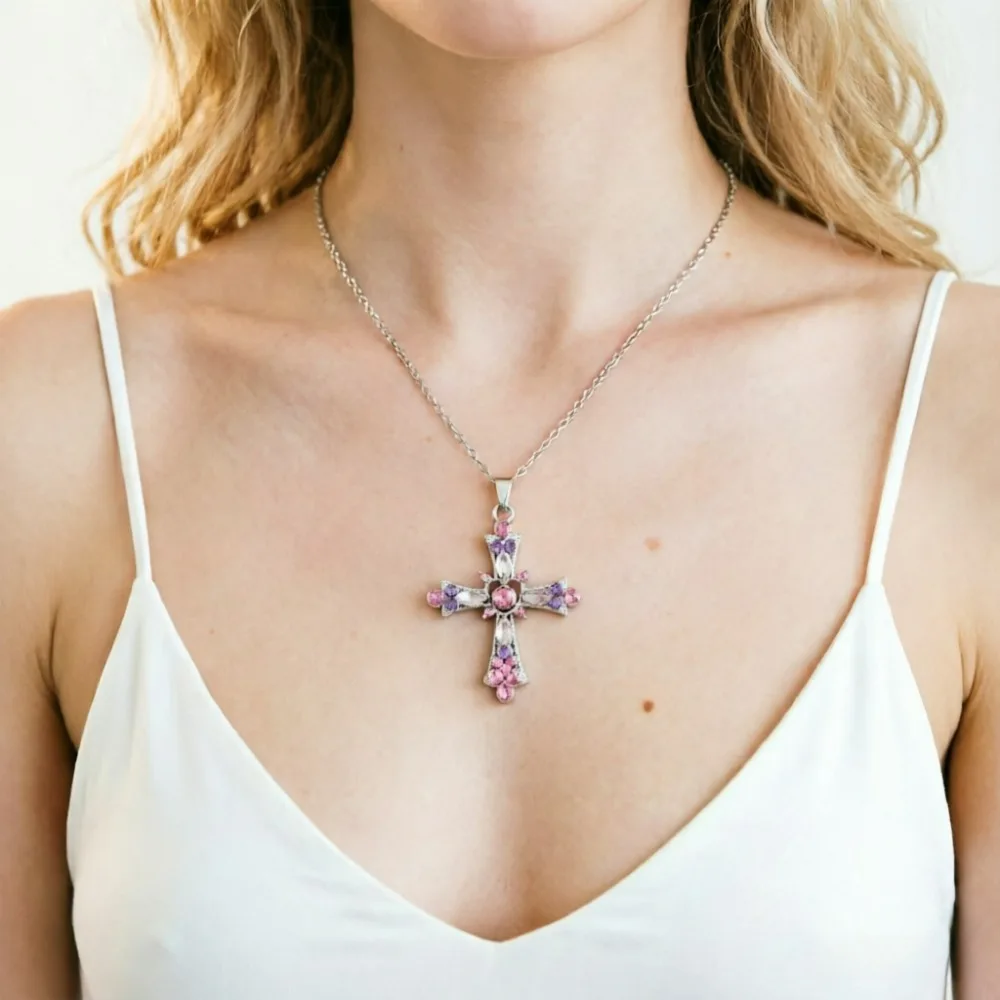 New Fashion Crystal Pink Zircon Cross Pendant Necklace Sweet Cool Wind Spicy Girl Crystal Chain Choker Y2k Jewelry 2026 Gifts