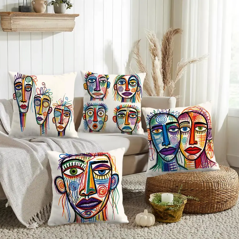 Colorful Abstract Face Art Cushion Cover Silky Short Plush Invisible Zipper Dustproof Sofa Pillow Case for Home Decor