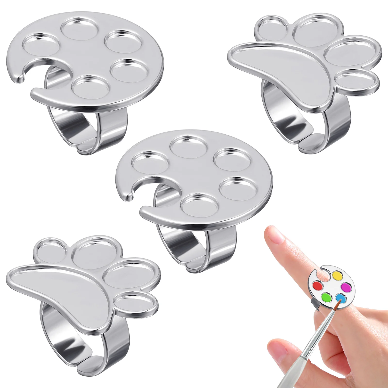 

4Pcs Nail Ring Pallet Silver Finger Color Mixing Tray Holders for Nail Art Gel Polish Tools Home Use Ring Manicure Pallets