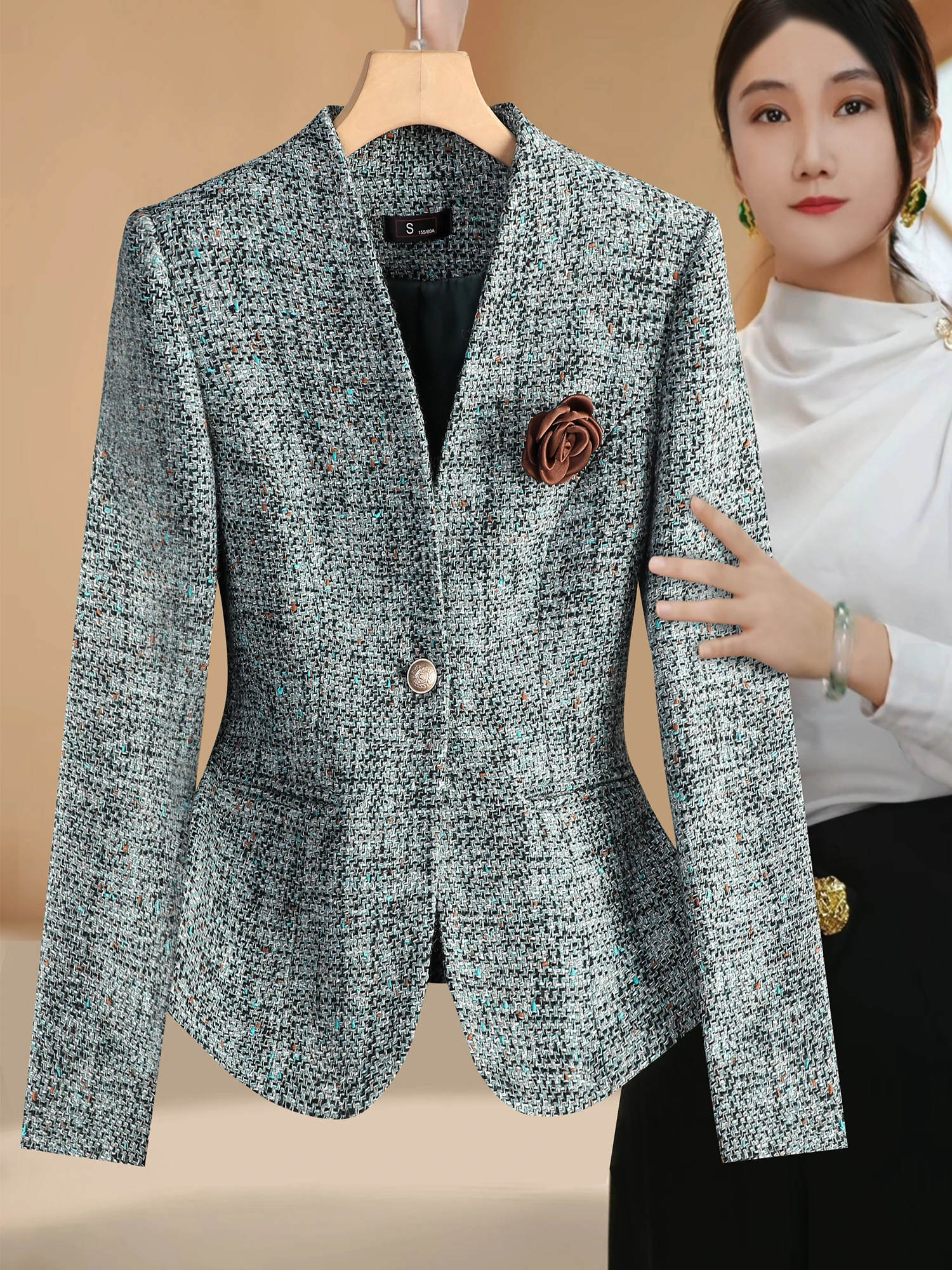 

Ele Blue Women's Suit Slimming Waist Formal Ocn Busin Wear Faionable White Enhancing Profional Commute Sle