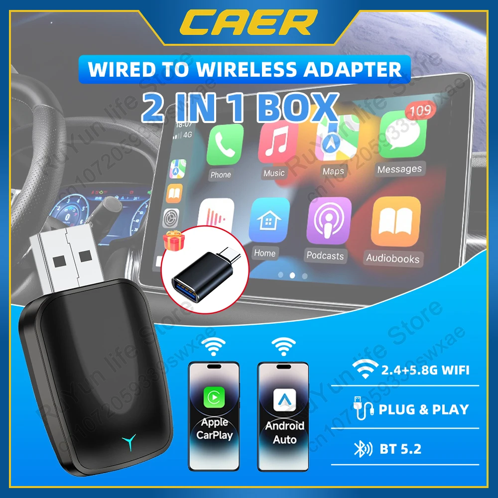 2 in 1 Wireless CarPlay Android Auto Adapter Smart Box Convert Wired to Wireless Plug & Play Bluetooth 5.2 Connection Universal