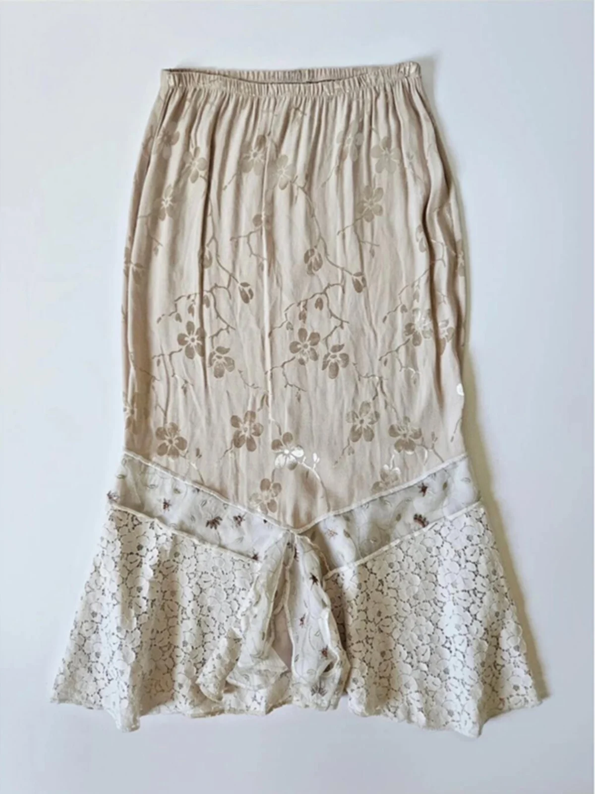 

Original BaoYao Girl Lace Patchwork Midi Skirt Women's Summer Vintage Retro f-length Skirts Korean Sle Straight Cut A-Line