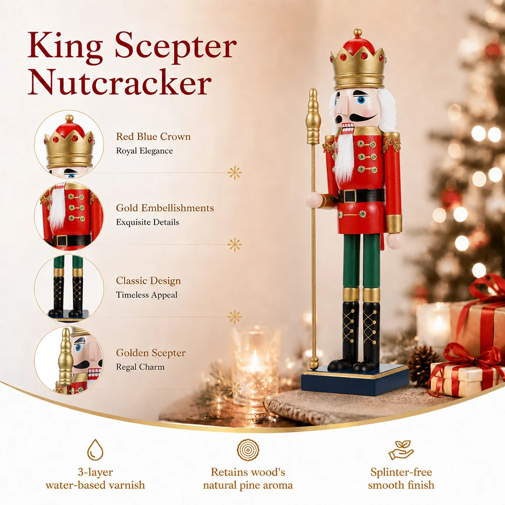 1pcs 50cm Holzpuppe Nussknacker Umhang König Skulptur Weihnachts puppe rot Handwerk Neujahr Dekoration Handwerk Ornament Geschenke – Detail 3
