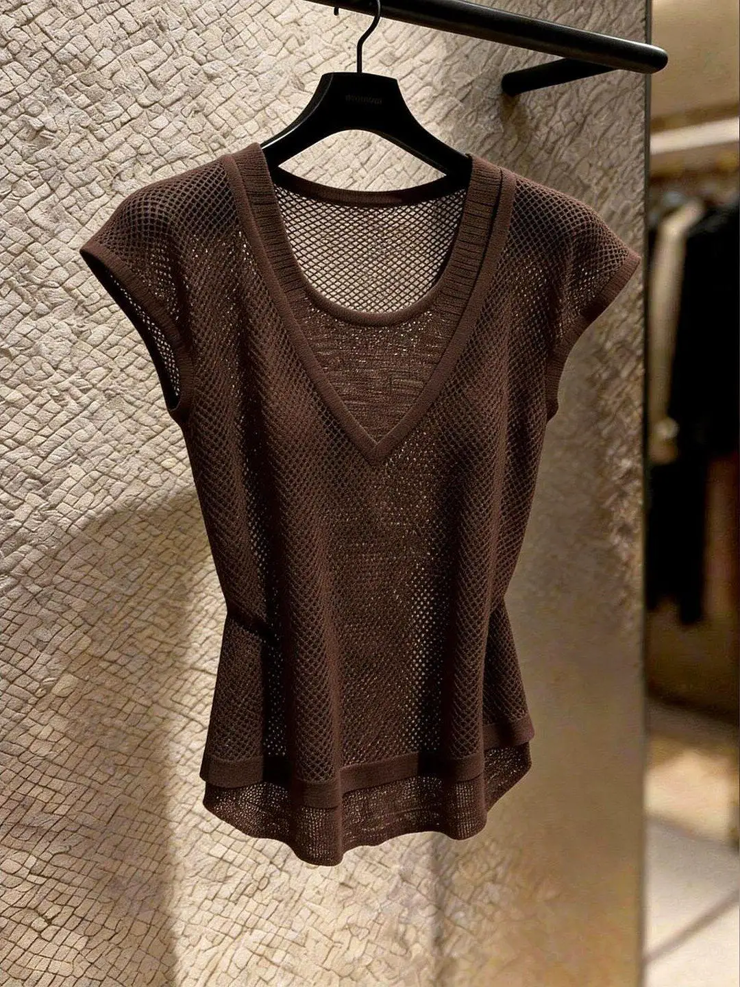 Khaki Hollow out Knitted T-Shirt Women's Summer Fashion Unique Beautiful Ice Silk Top Short Sleeve Commute Style Universal Fit