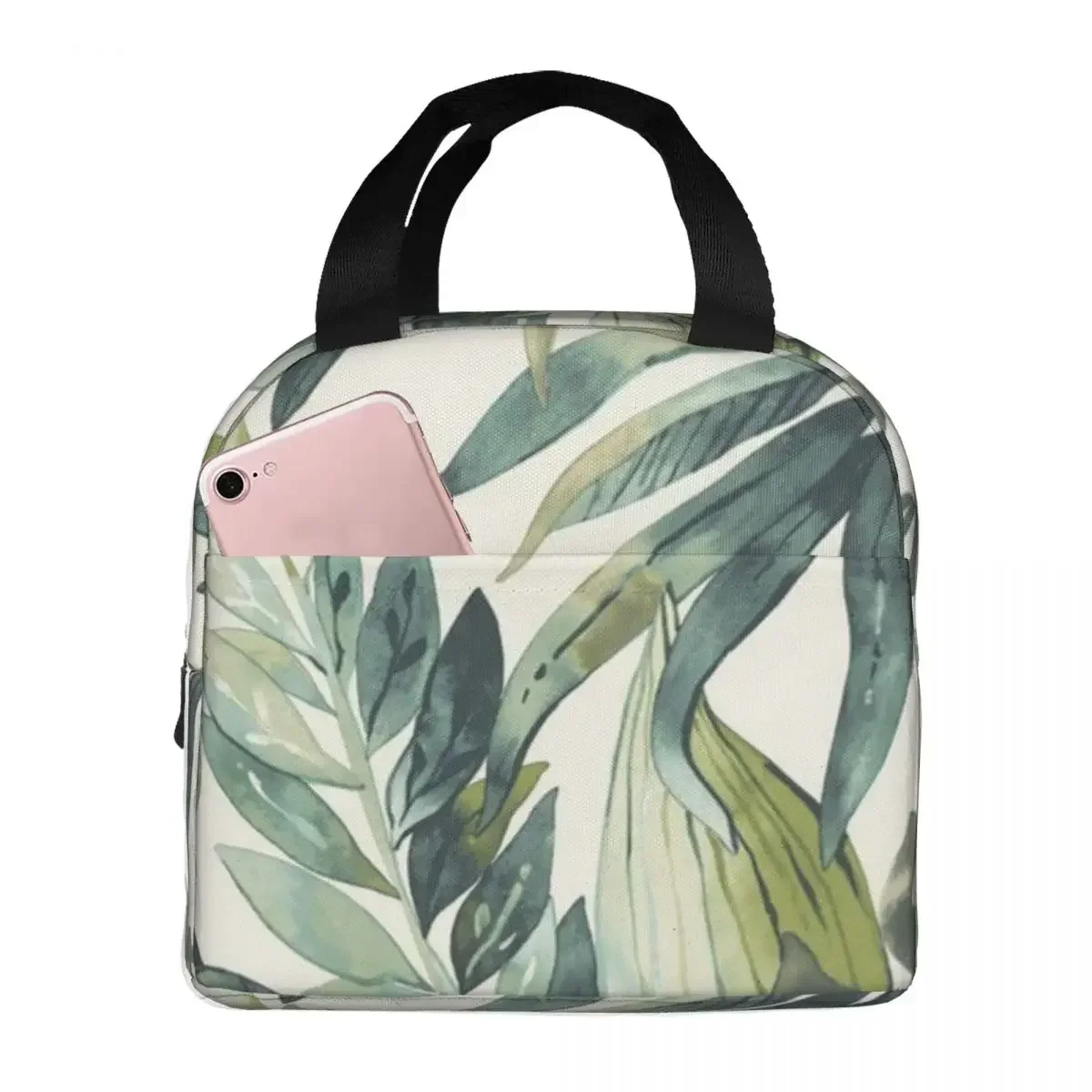 Green Tropical Leaf Print Insulated Lunch Bag for Women Office Cooler Thermal Food Box Tote Portable Lunch Boxes Container