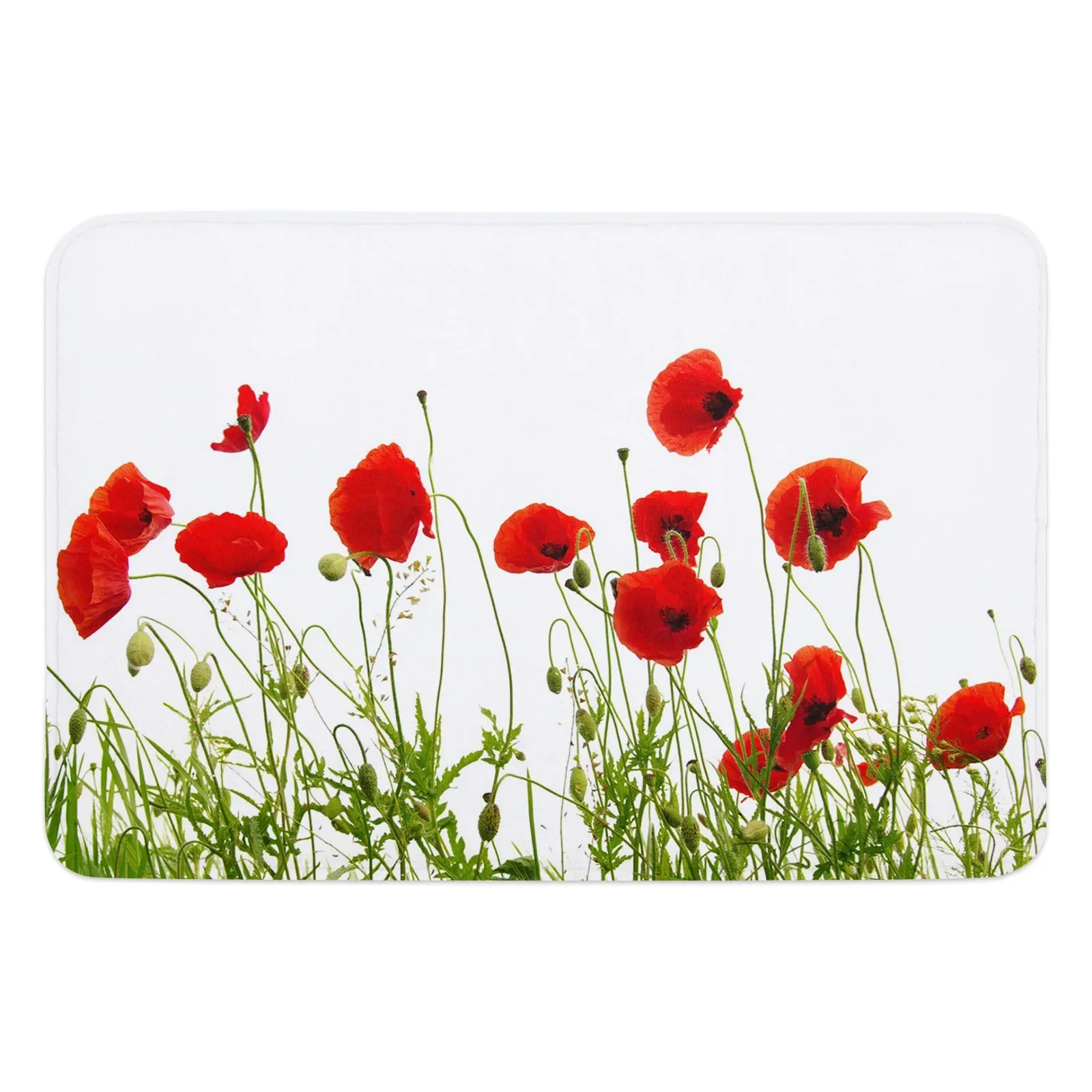 Poppy Field Red Flowers White Floor Mat Kitchen Bedroom Decor Carpet Home Hallway Entrance Doormat Bathroom Door Foot Rug