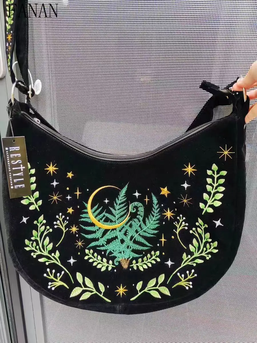 

Fashion Casual Handbags Dark Gothic Style Underarm Bag Plant Embroidery Single Shoulder Commuter Women's Crossbody Bags