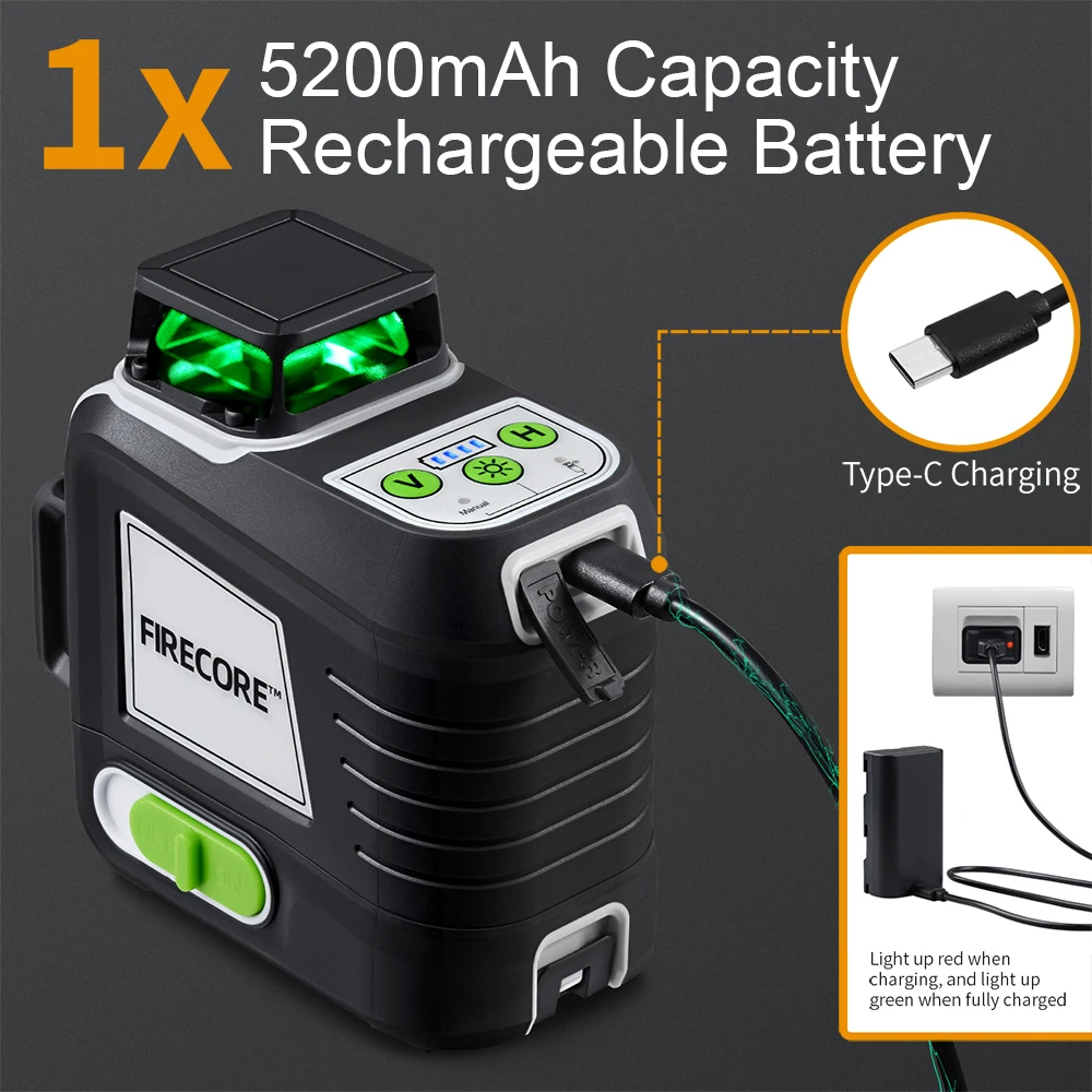 FIRECORE 360 Laser Level 12 Lines 3D Self-Leveling Horizontal&Vertical Cross Lines Super Powerful Green Laser Level Tool G50