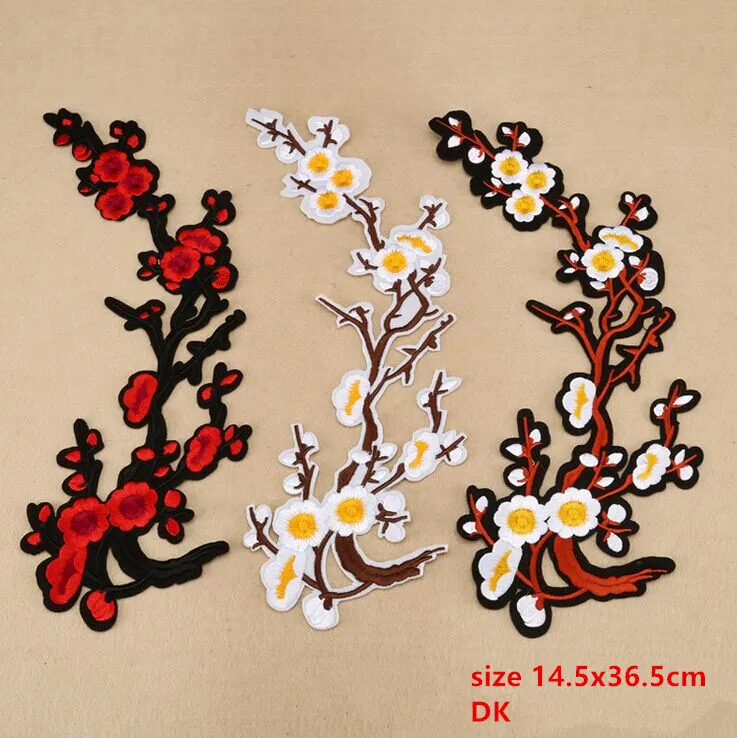 Free Shipping 3 pcs mixed colors Plum blossom flowers 14.5x36.5cm Embroidered iron on patch sew on hotfix Applique DK accessory