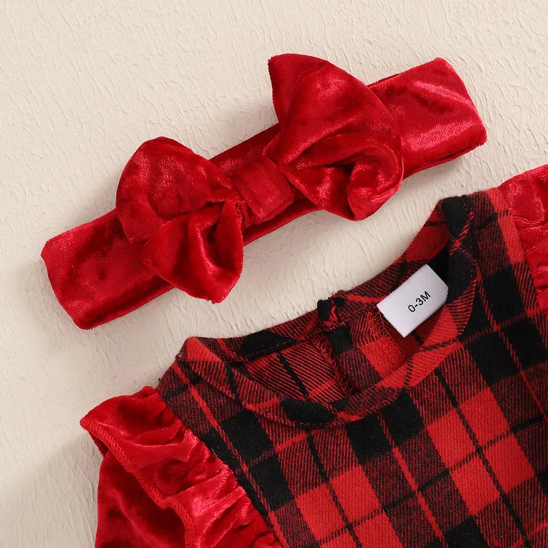 RUEWEY 0 to 18 Months Baby Girls Christmas Bodysuit Ruffle Long Sleeve Plaid Print Jumpsuit+ Headband Set Newborn Clothes