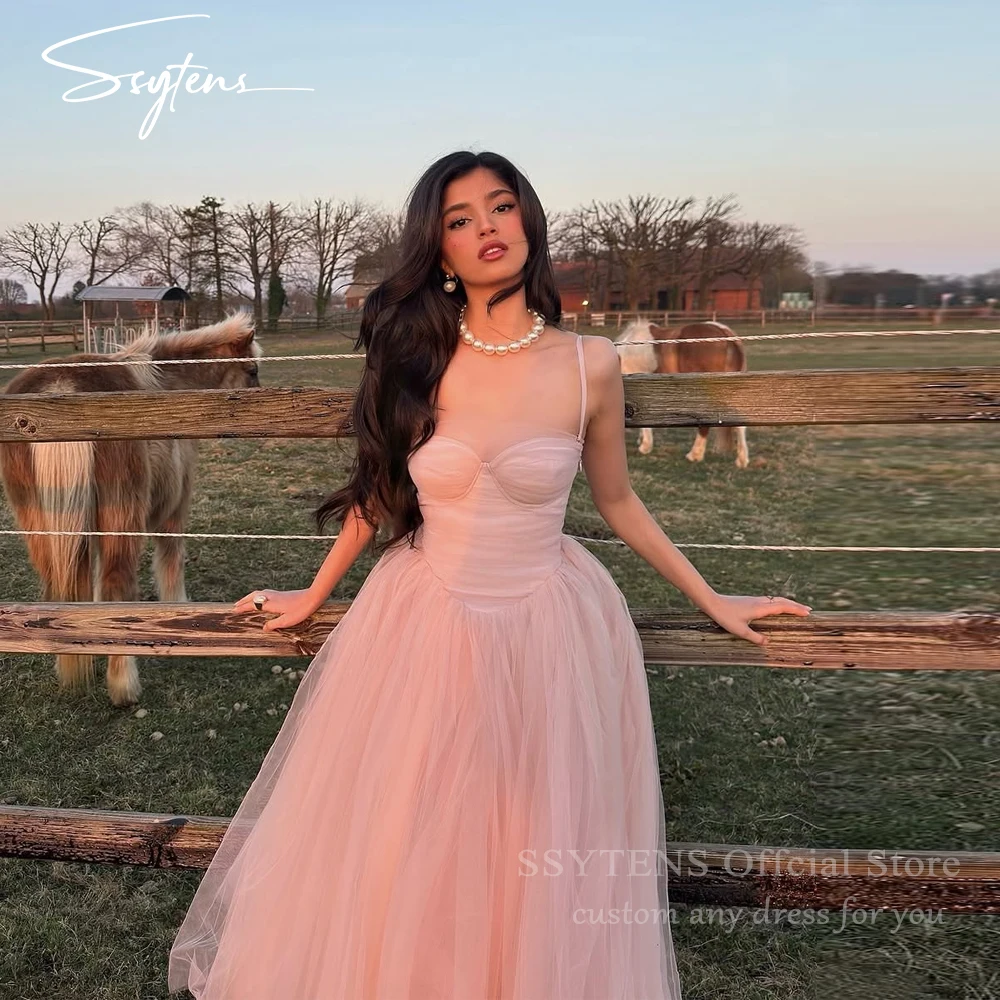 

SSYTENS Blush Pink Tulle Prom Dresses Spaghetti Straps Quinceanera Prom Dresses Tea Length Sleeveless Party Gowns Customized