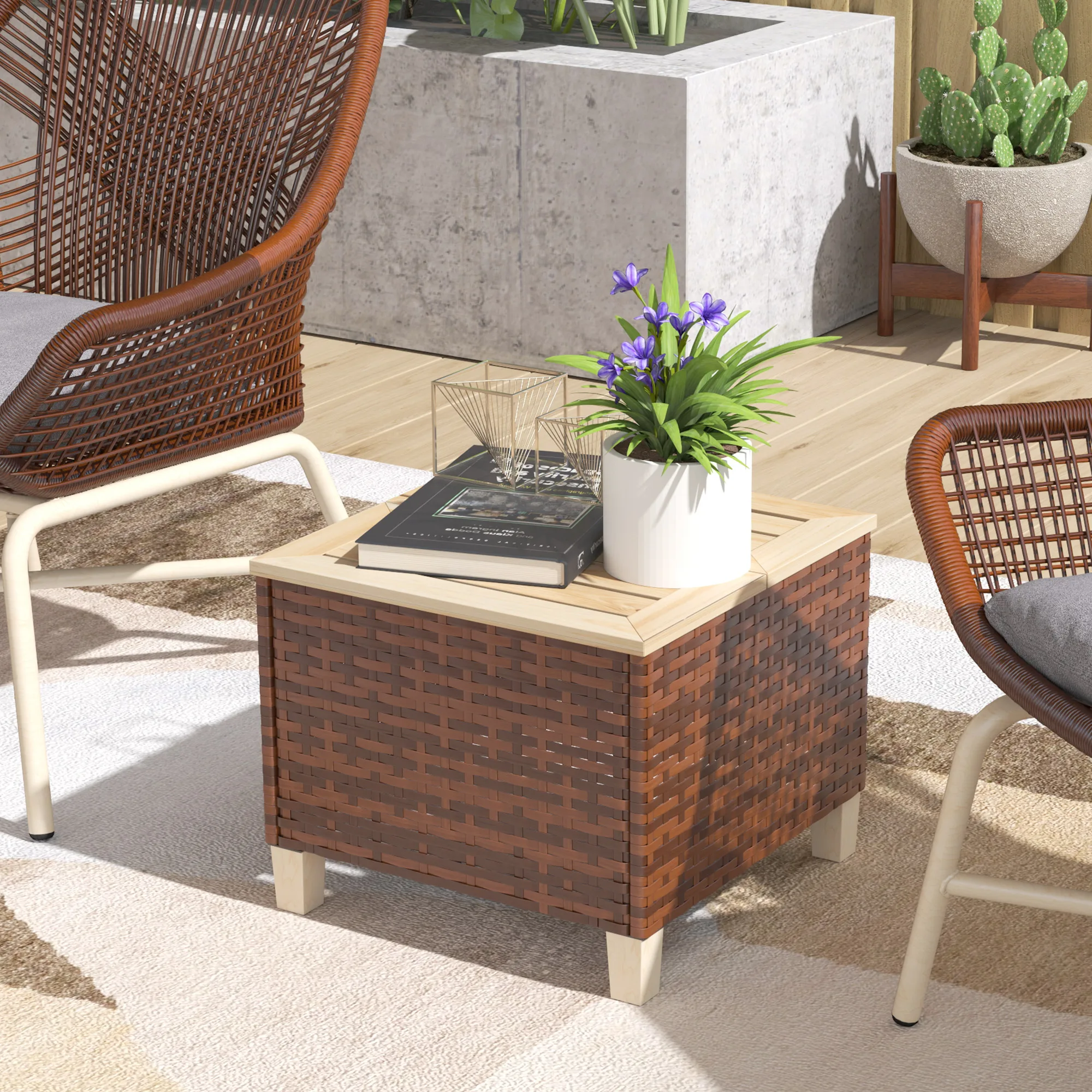 Outdoor Side Table with Pe Rattan, Accent Table with Wood Top, Brown