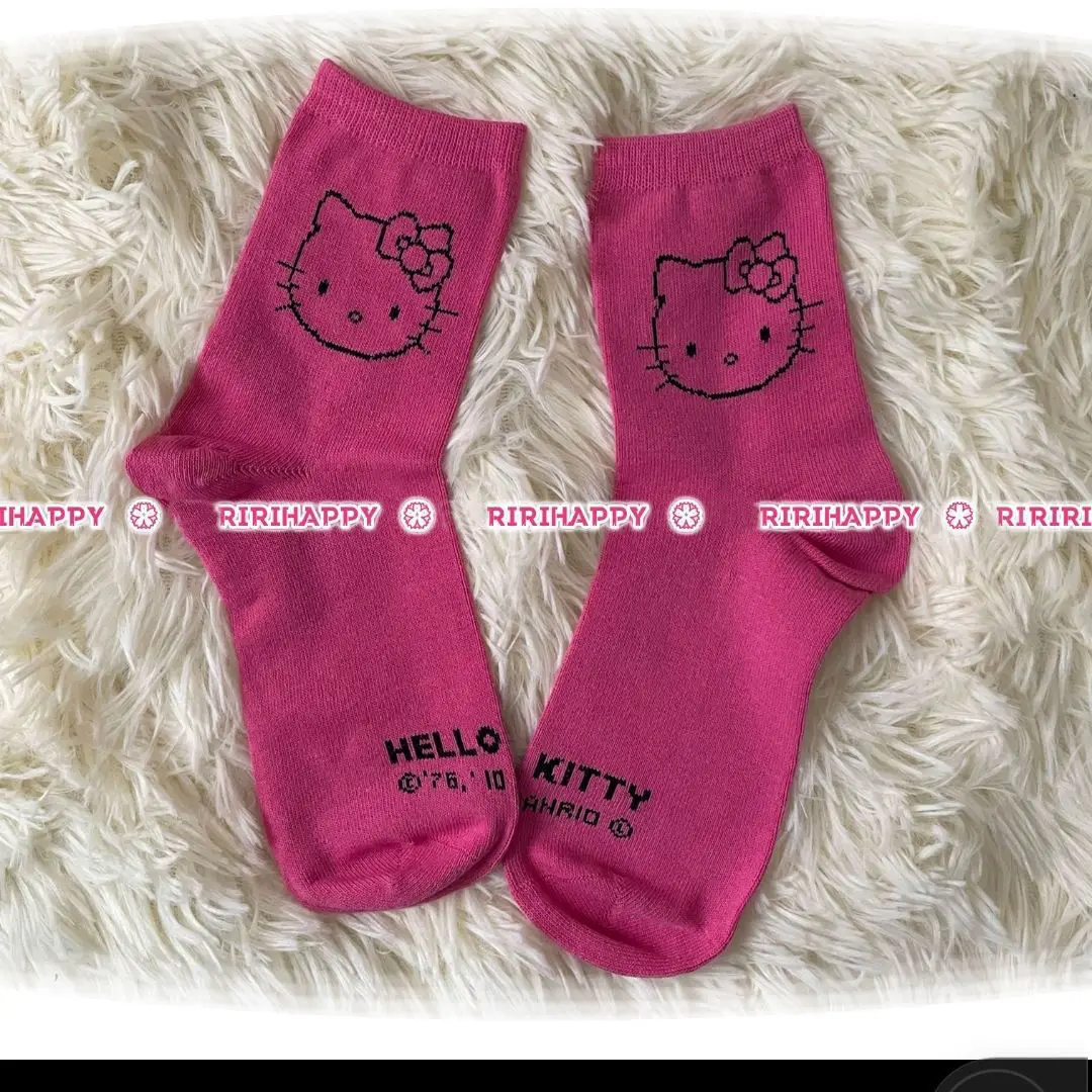 Chaussettes mignonnes Anime Rick Hello Kitty pour couple, chaussettes KT Kawaii, accessoires roses chat noir et blanc, cadeau femme, Y2K