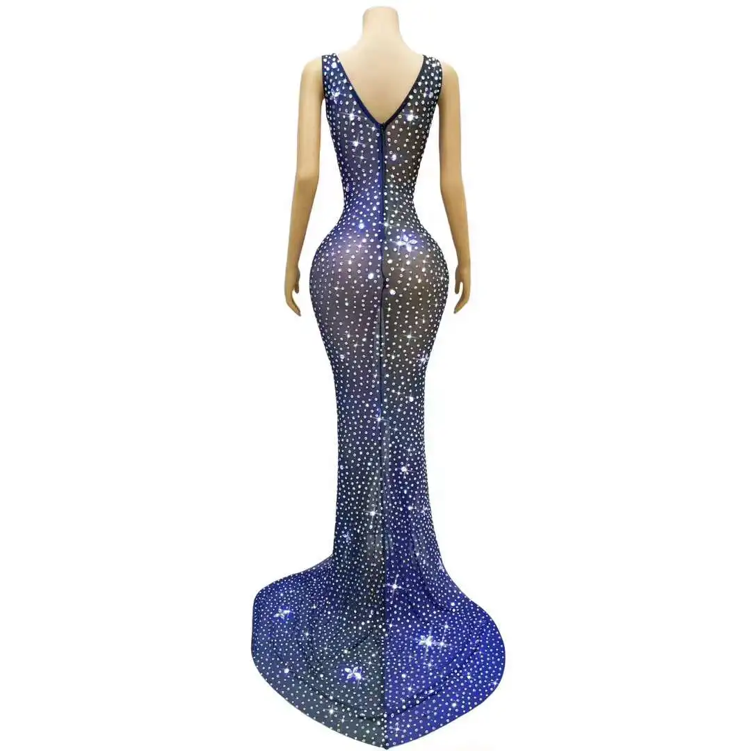 Shiny Blue Rhinestones Long Dress Elastic Mesh Dress Women Stage Performance Model Catwalk Prom Celebrate Photoshoot Dress