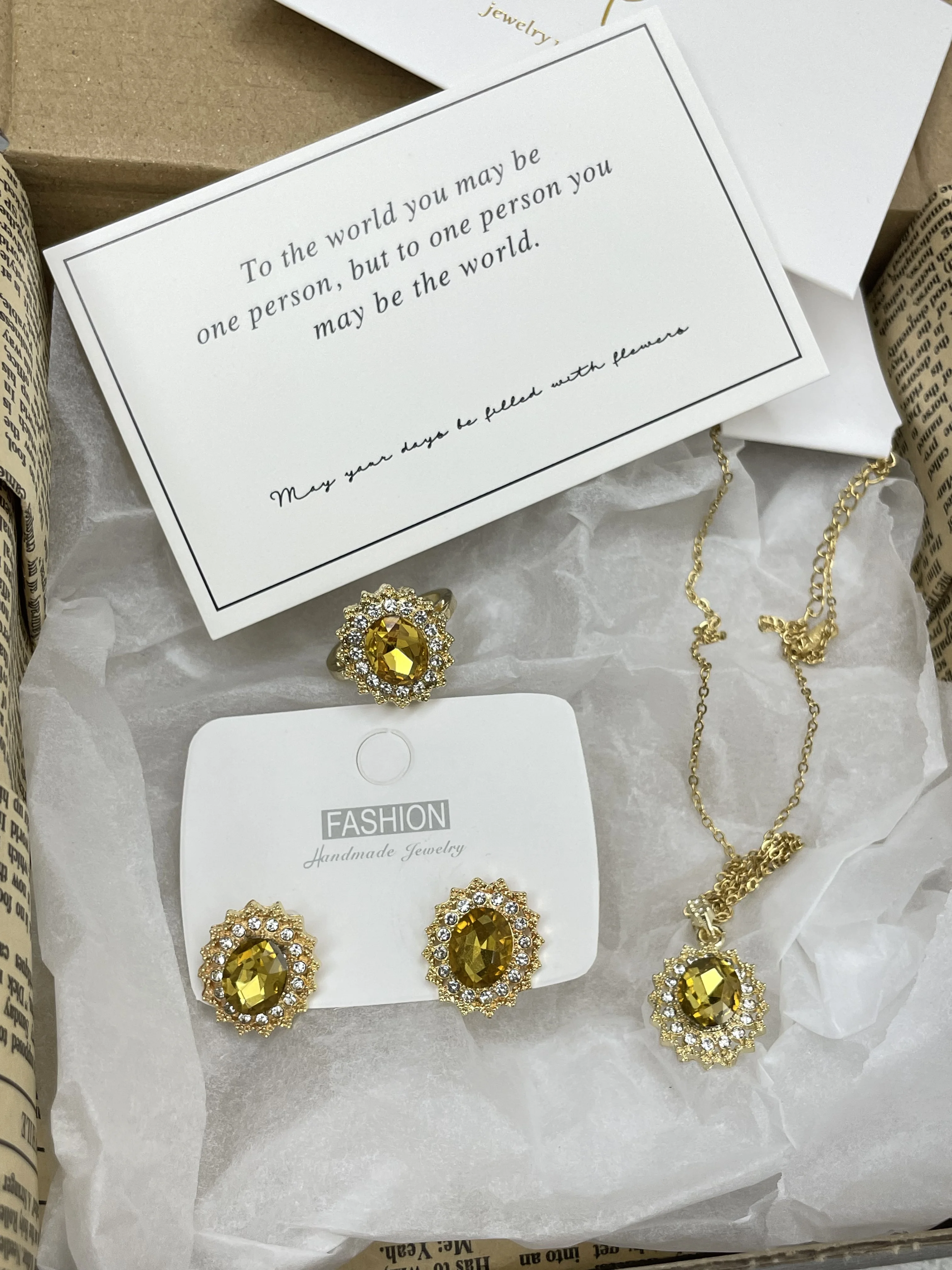 

New color-bright yellow crystal women's beautiful diamond party-date elegant set of ring,earring and necklace jewelry set gifts