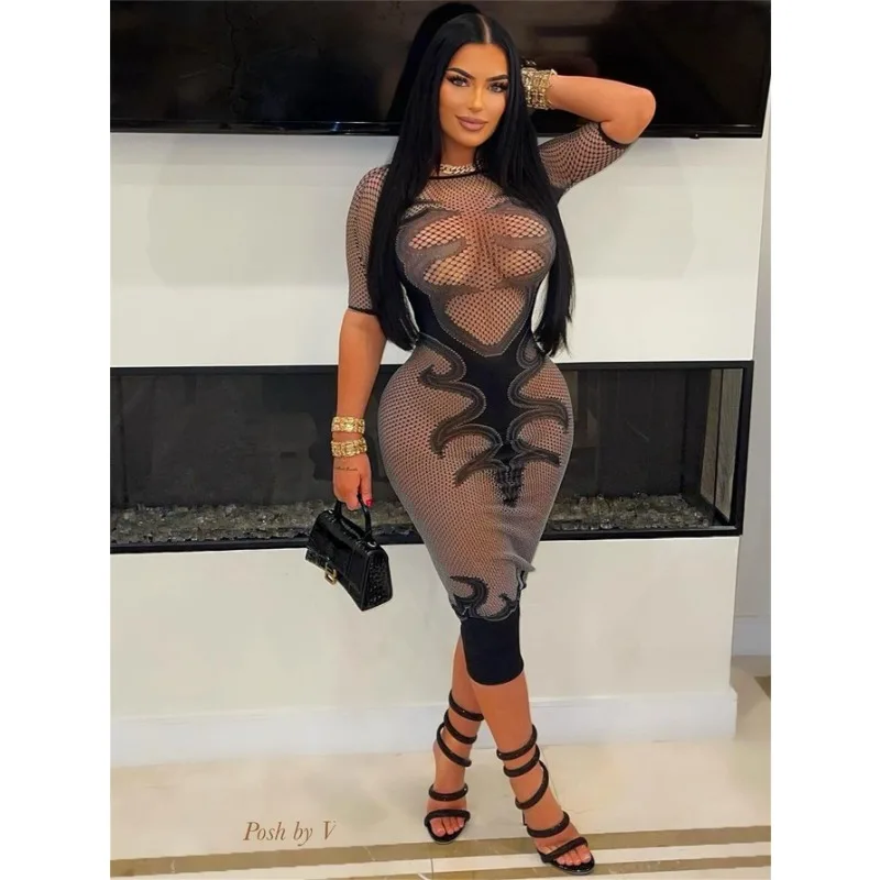 

2025 Summer Solid Knitted Hollow Out Sheer Maxi Dress Women O Neck Short Sleeve Slim Spicy Girls Sexy Lingerie Clubwear Robe