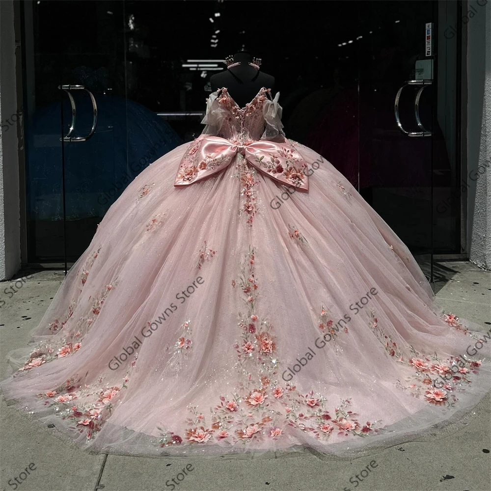 Vestido de fiesta rosa con hombros descubiertos, vestido para quinceañeras para niñas, vestidos de fiesta de cumpleaños con flores en 3D, vestido de graduación con lazo personalizado