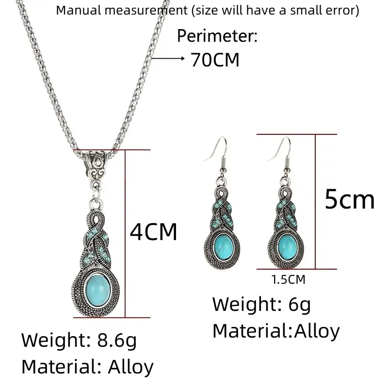 3pcs Necklace Earrings Set For Men And Women Vintage Style Blue Crystal Inlaid Turquoise Pendant With Lantern Chain Jewelry image 6