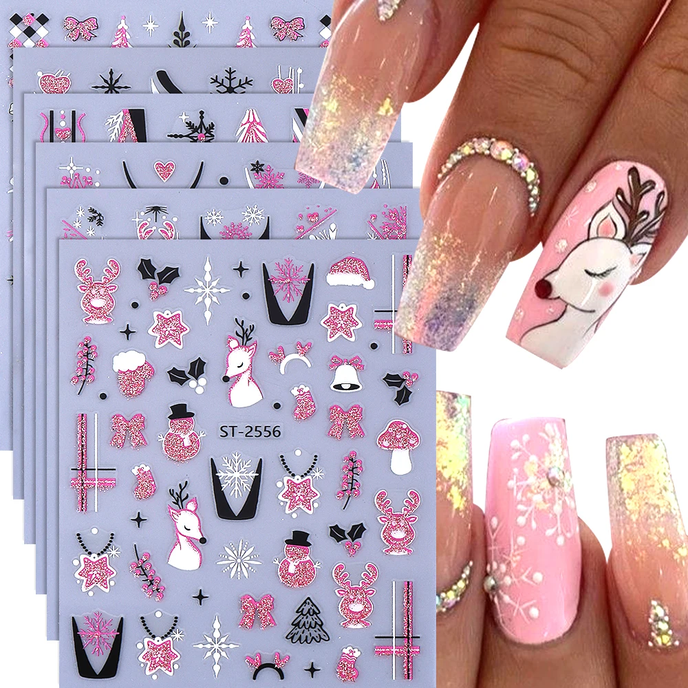 3/6개/세트 3D 크리스마스 네일 스티커 핑크 엘크 눈송이 리본 하트 네일 데칼 슬라이더 겨울 매니큐어 장식 네일 용품