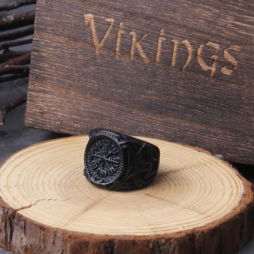 Never Fade Vintage Viking Compass Helm of Awe Ring Stainless Steel Men Nordic Ethnic Belief Aegishjalmur Viking Rings Jewelry