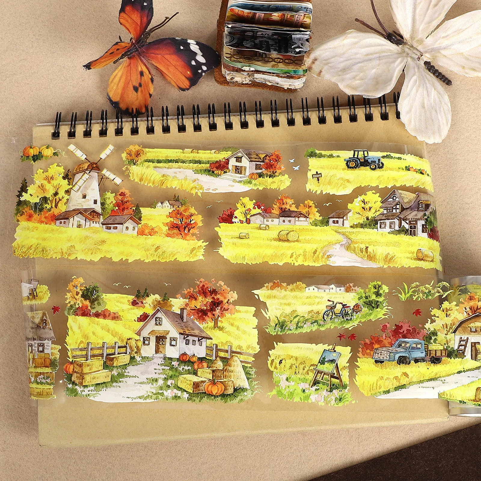 70mm*5m Vintage Autumn Village Wheat Field Landscape PET Tape Creative DIY Journal Material Collage Scrapbooking Stationery